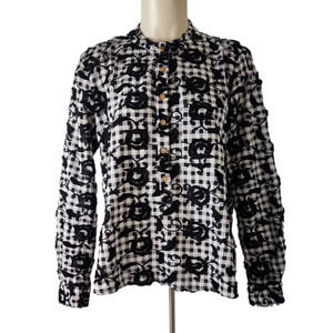 Anthropologie Pilcro Embroidered Popover Blouse Sz XS Black White Gingham Floral